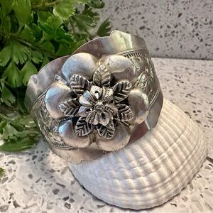 Silver tone Floral motif wide cuff bracelet